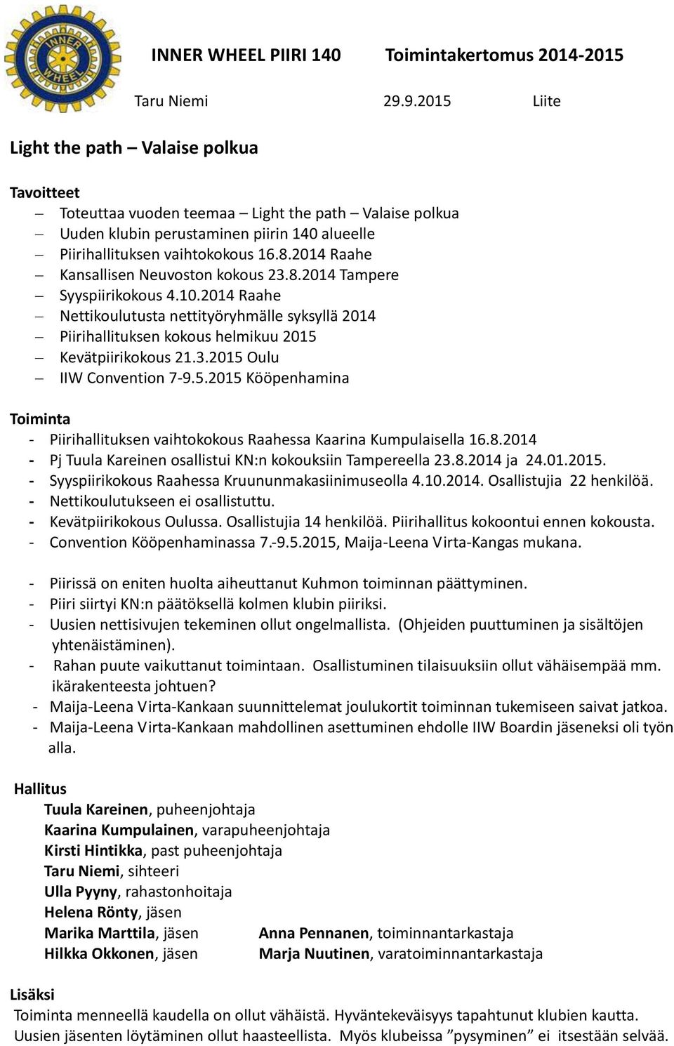 2014 Raahe Kansallisen Neuvoston kokous 23.8.2014 Tampere Syyspiirikokous 4.10.2014 Raahe Nettikoulutusta nettityöryhmälle syksyllä 2014 Piirihallituksen kokous helmikuu 2015 Kevätpiirikokous 21.3.2015 Oulu IIW Convention 7-9.