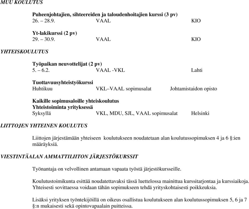 sopimusaloille yhteiskoulutus Yhteistoiminta yrityksessä Syksyllä VKL, MDU, SJL, VAAL sopimusalat Helsinki LIITTOJEN YHTEINEN KOULUTUS Liittojen järjestämään yhteiseen koulutukseen noudatetaan alan