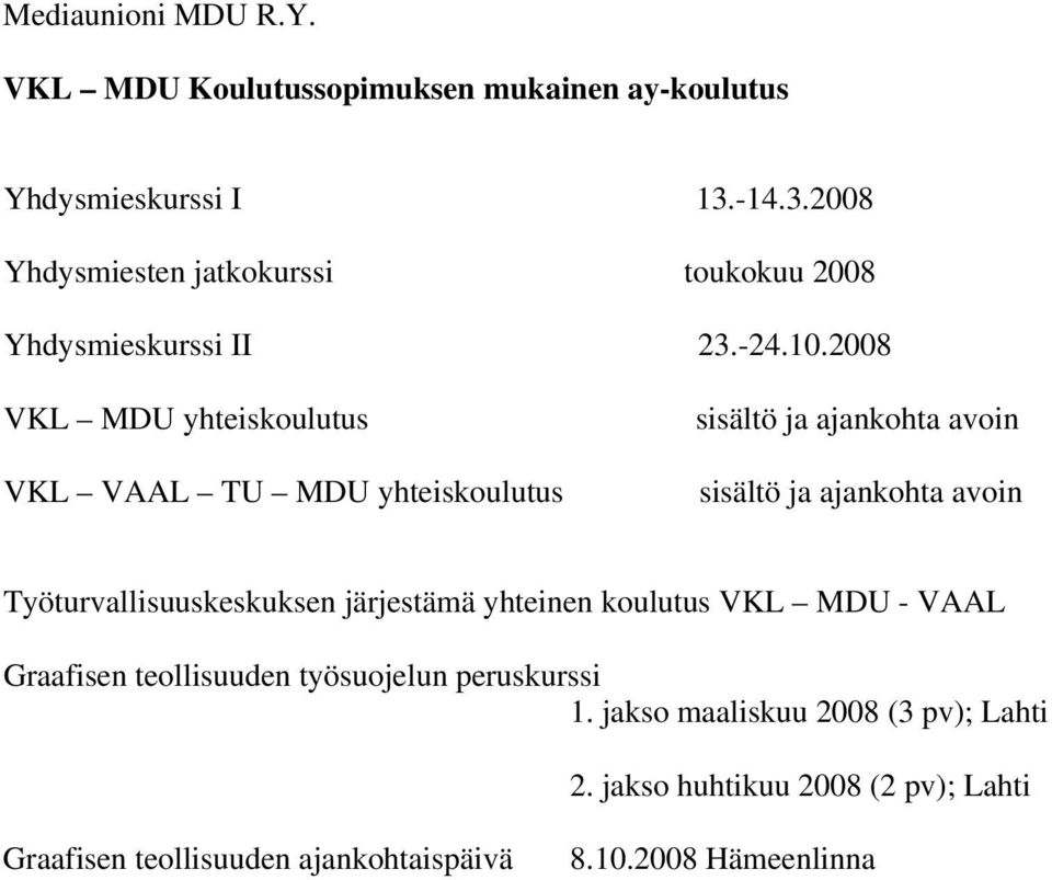 2008 VKL MDU yhteiskoulutus VKL VAAL TU MDU yhteiskoulutus sisältö ja ajankohta avoin sisältö ja ajankohta avoin