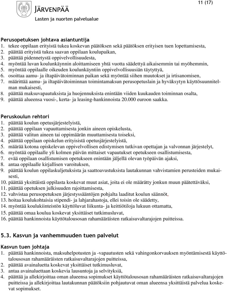 myöntää oppilaalle oikeuden koulunkäyntiin oppivelvollisuusiän täytyttyä, 6. osoittaa aamu- ja iltapäivätoiminnan paikan sekä myöntää siihen muutokset ja irtisanomisen, 7.