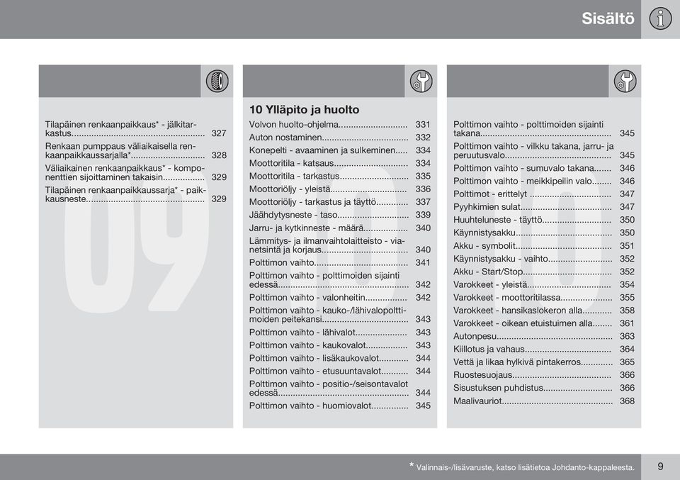 .. 334 Moottoritila - katsaus... 334 Moottoritila - tarkastus... 335 Moottoriöljy - yleistä... 336 Moottoriöljy - tarkastus ja täyttö... 337 Jäähdytysneste - taso... 339 Jarru- ja kytkinneste - määrä.