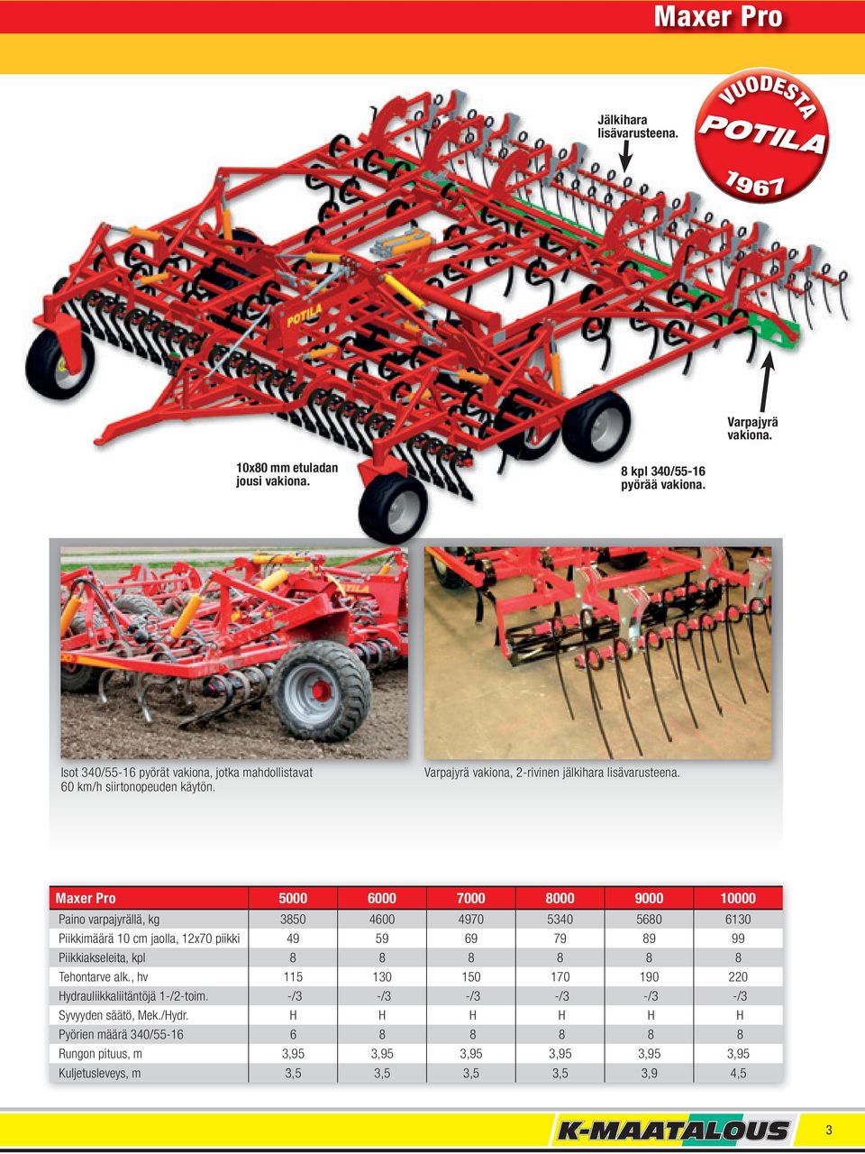 Maxer Pro 5000 6000 7000 8000 9000 10000 Paino varpajyrällä, kg 3850 4600 4970 5340 5680 6130 Piikkimäärä 10 cm jaolla, 12x70 piikki 49 59 69 79 89 99 Piikkiakseleita, kpl 8 8 8 8 8 8