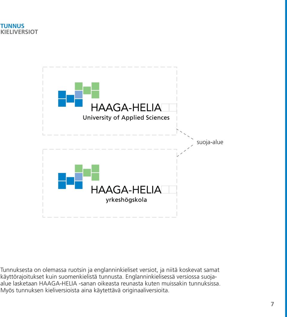 Englanninkielisessä versiossa suojaalue lasketaan HAAGA-HELIA -sanan oikeasta reunasta