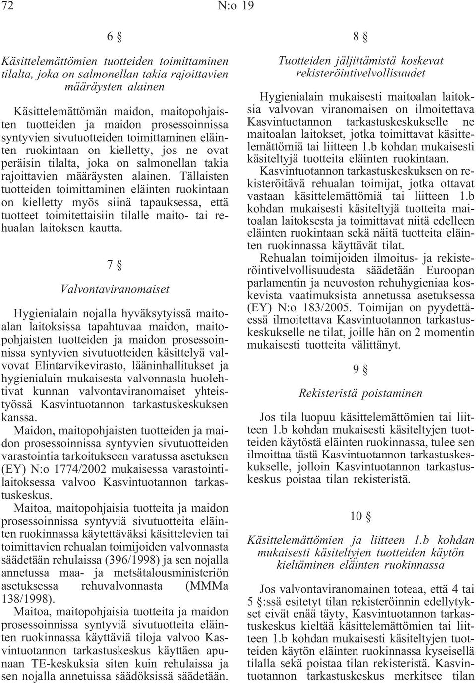 Tällaisten tuotteiden toimittaminen eläinten ruokintaan on kielletty myös siinä tapauksessa, että tuotteet toimitettaisiin tilalle maito- tai rehualan laitoksen kautta.