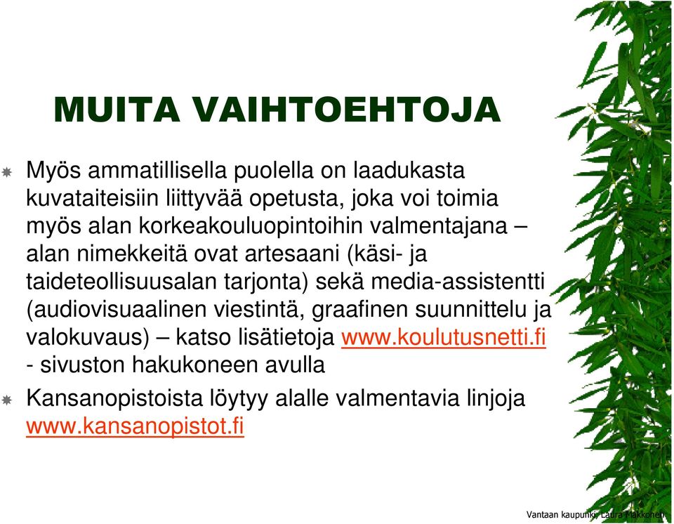 tarjonta) sekä media-assistentti (audiovisuaalinen viestintä, graafinen suunnittelu ja valokuvaus) katso