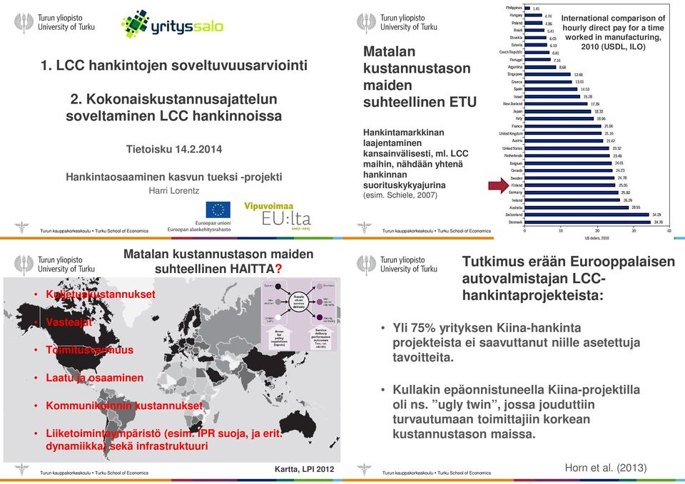 Schiele, 2007) International comparison of hourly direct pay for a time worked in manufacturing, 2010 (USDL, ILO) Kuljetuskustannukset Vasteajat Toimitusvarmuus Laatu ja osaaminen Kommunikoinnin