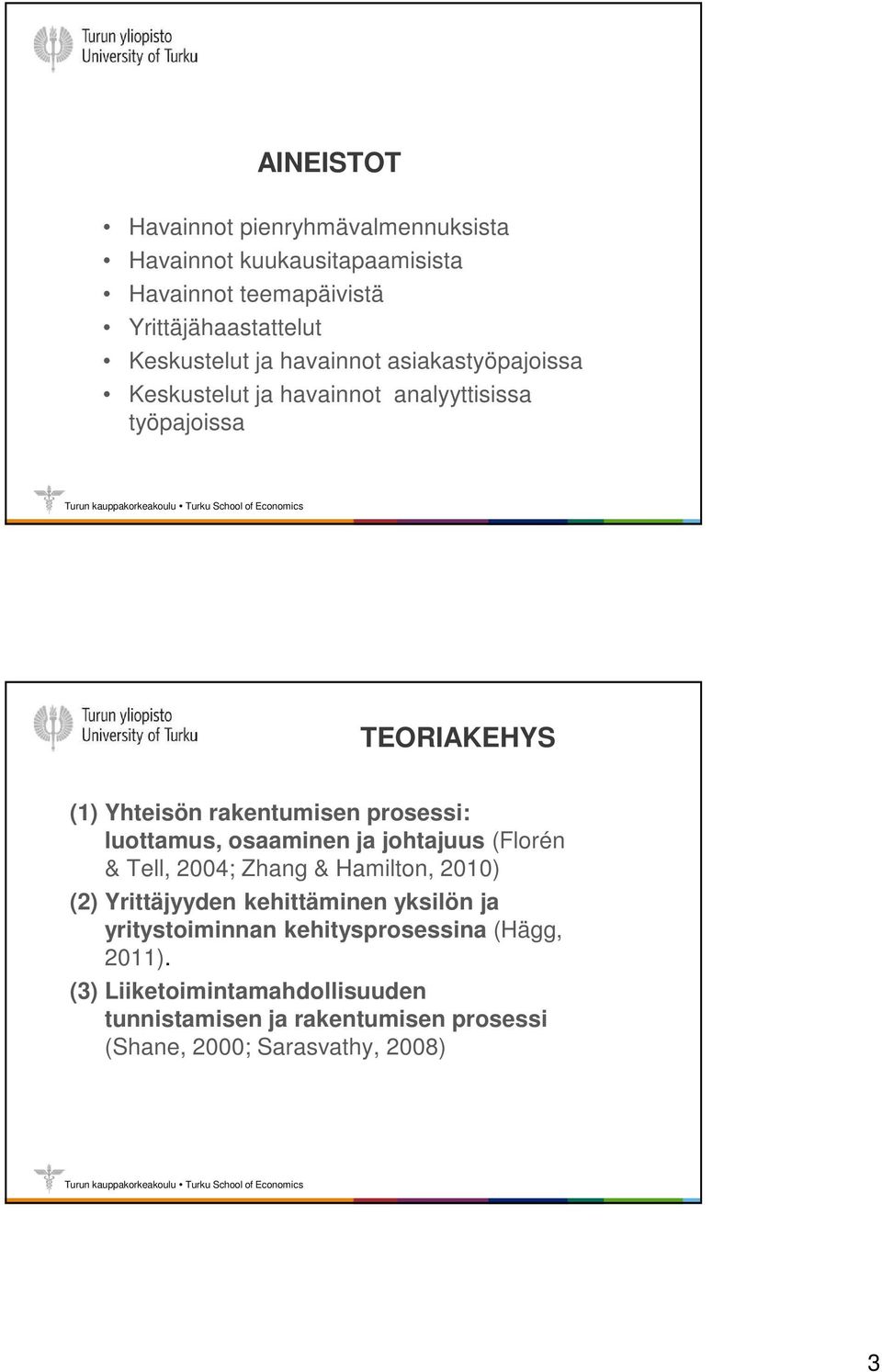 luottamus, osaaminen ja johtajuus (Florén & Tell, 2004; Zhang & Hamilton, 2010) (2) Yrittäjyyden kehittäminen yksilön ja