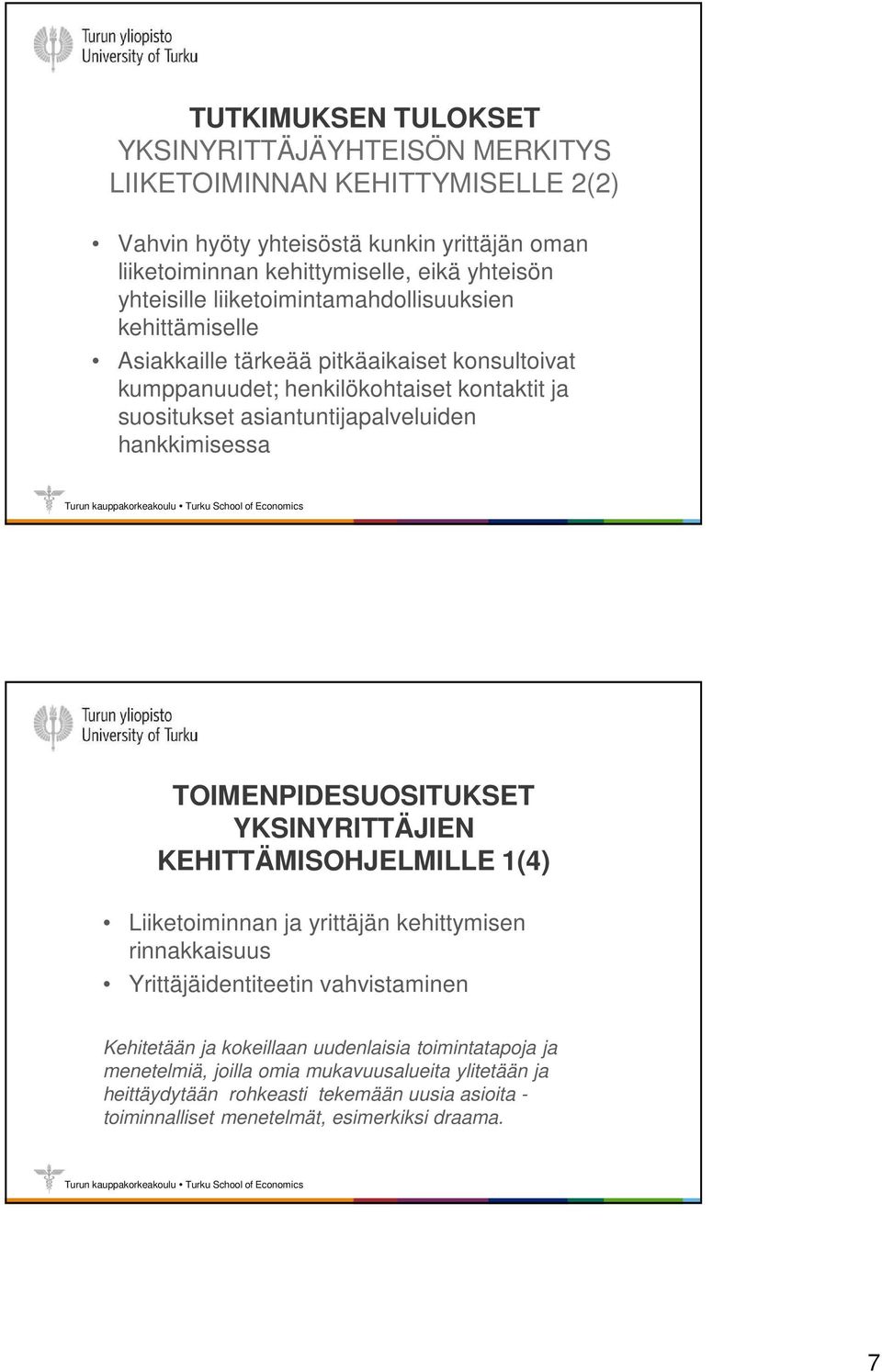 hankkimisessa TOIMENPIDESUOSITUKSET YKSINYRITTÄJIEN KEHITTÄMISOHJELMILLE 1(4) Liiketoiminnan ja yrittäjän kehittymisen rinnakkaisuus Yrittäjäidentiteetin vahvistaminen Kehitetään ja