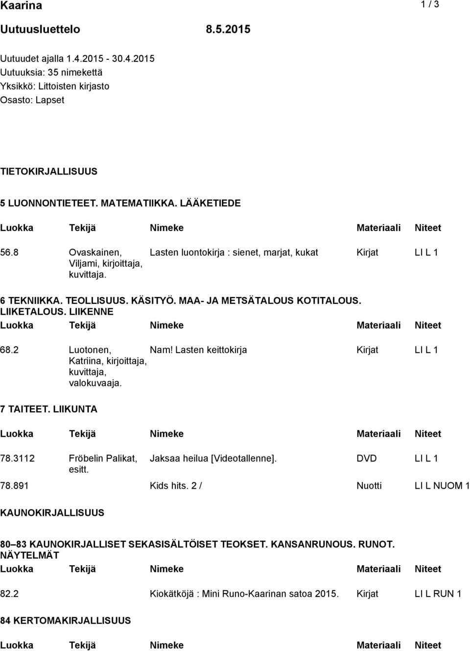 LIIKENNE 68.2 Luotonen, Katriina, kirjoittaja, kuvittaja, valokuvaaja. Nam! Lasten keittokirja Kirjat LI L 1 7 TAITEET. LIIKUNTA 78.3112 Fröbelin Palikat, esitt. Jaksaa heilua [Videotallenne].