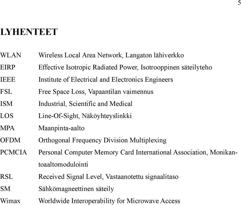 Näköyhteyslinkki MPA Maanpinta-aalto OFDM Orthogonal Frequency Division Multipleing PCMCIA Personal Computer Memory Card International Association,