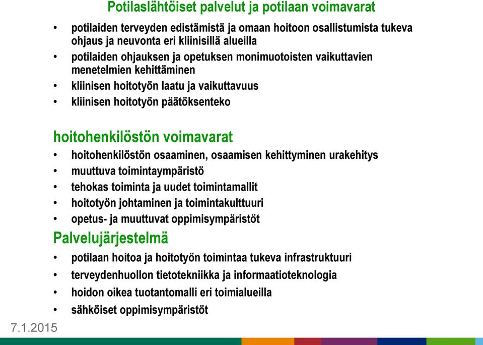 2015 hoitohenkilöstön voimavarat hoitohenkilöstön osaaminen, osaamisen kehittyminen urakehitys muuttuva toimintaympäristö tehokas toiminta ja uudet toimintamallit hoitotyön johtaminen ja