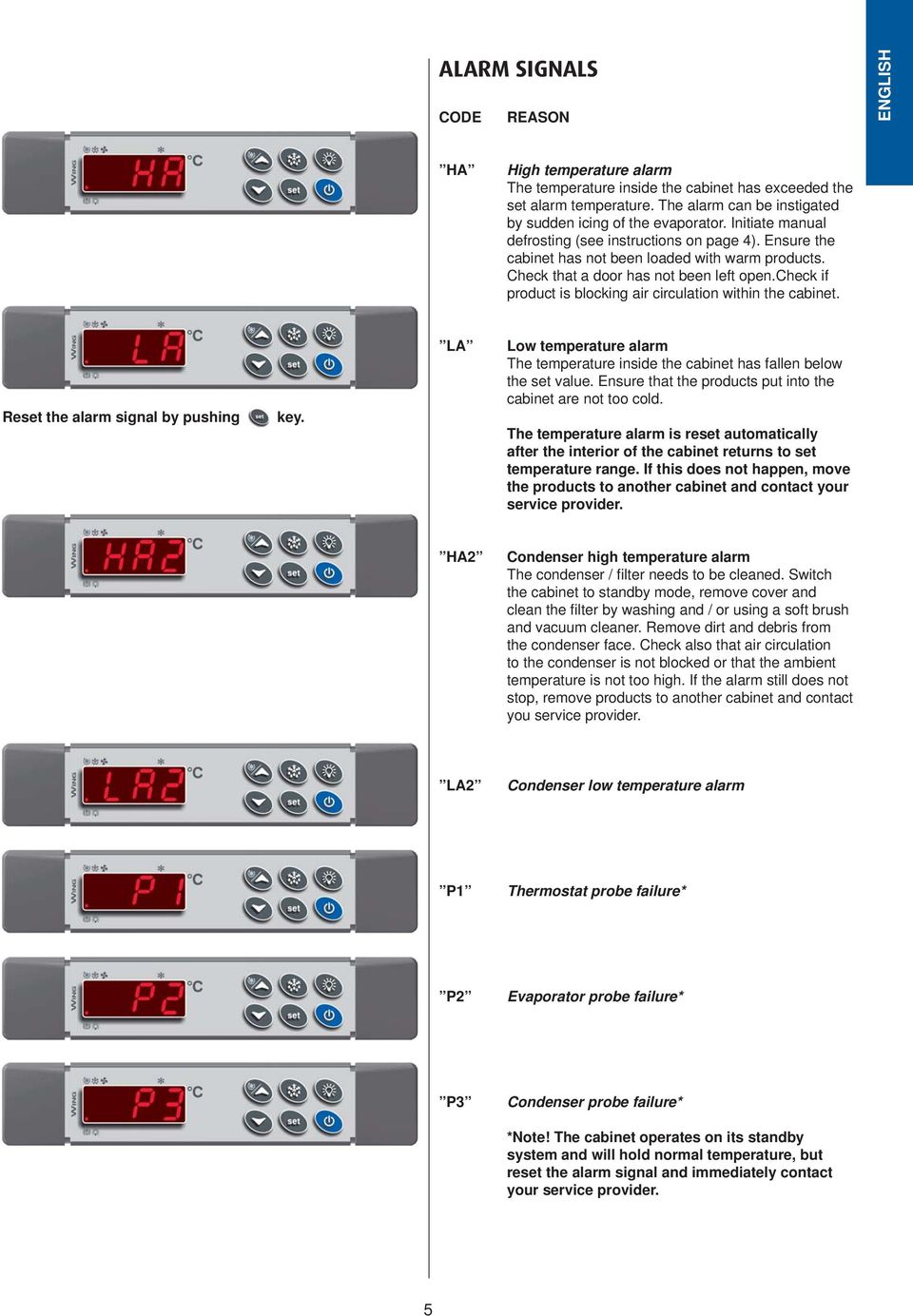 check if product is blocking air circulation within the cabinet. Reset the alarm signal by pushing key. LA Low temperature alarm The temperature inside the cabinet has fallen below the set value.