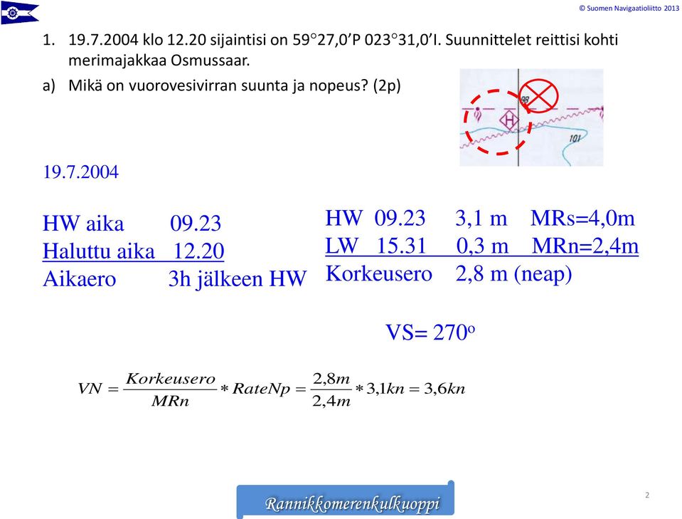 a) Mikä on vuorovesivirran suunta ja nopeus? (2p) 19.7.2004 HW aika 09.23 Haluttu aika 12.