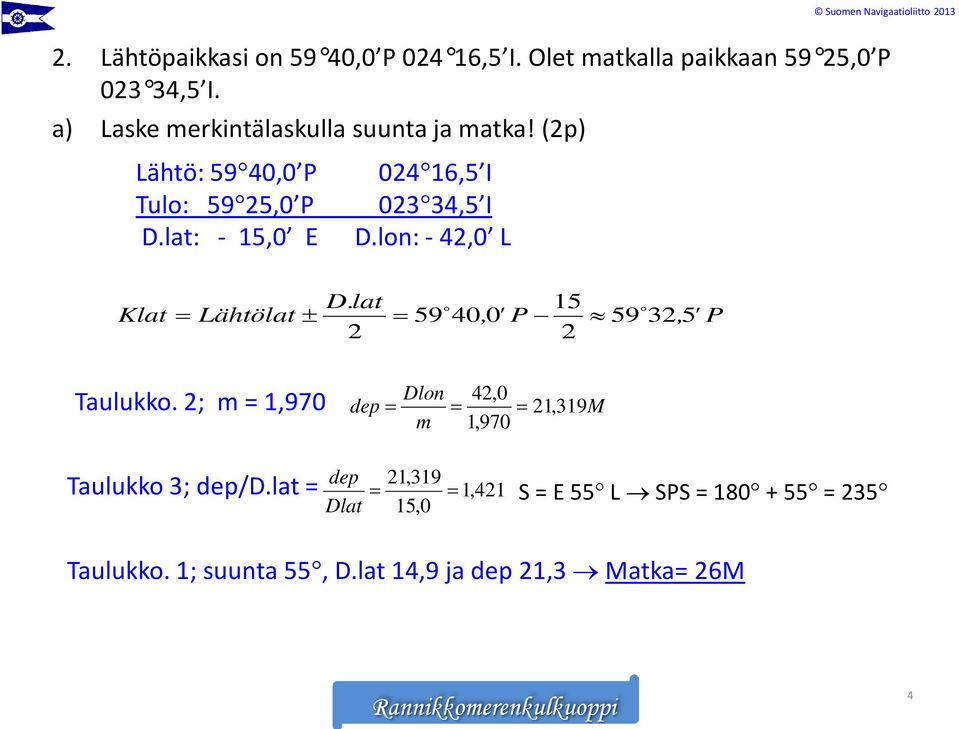 (2p) D.lat 15 Klat = Lähtölat ± = 59 40, 0' P 59 32, 5' 2 2 P Taulukko.