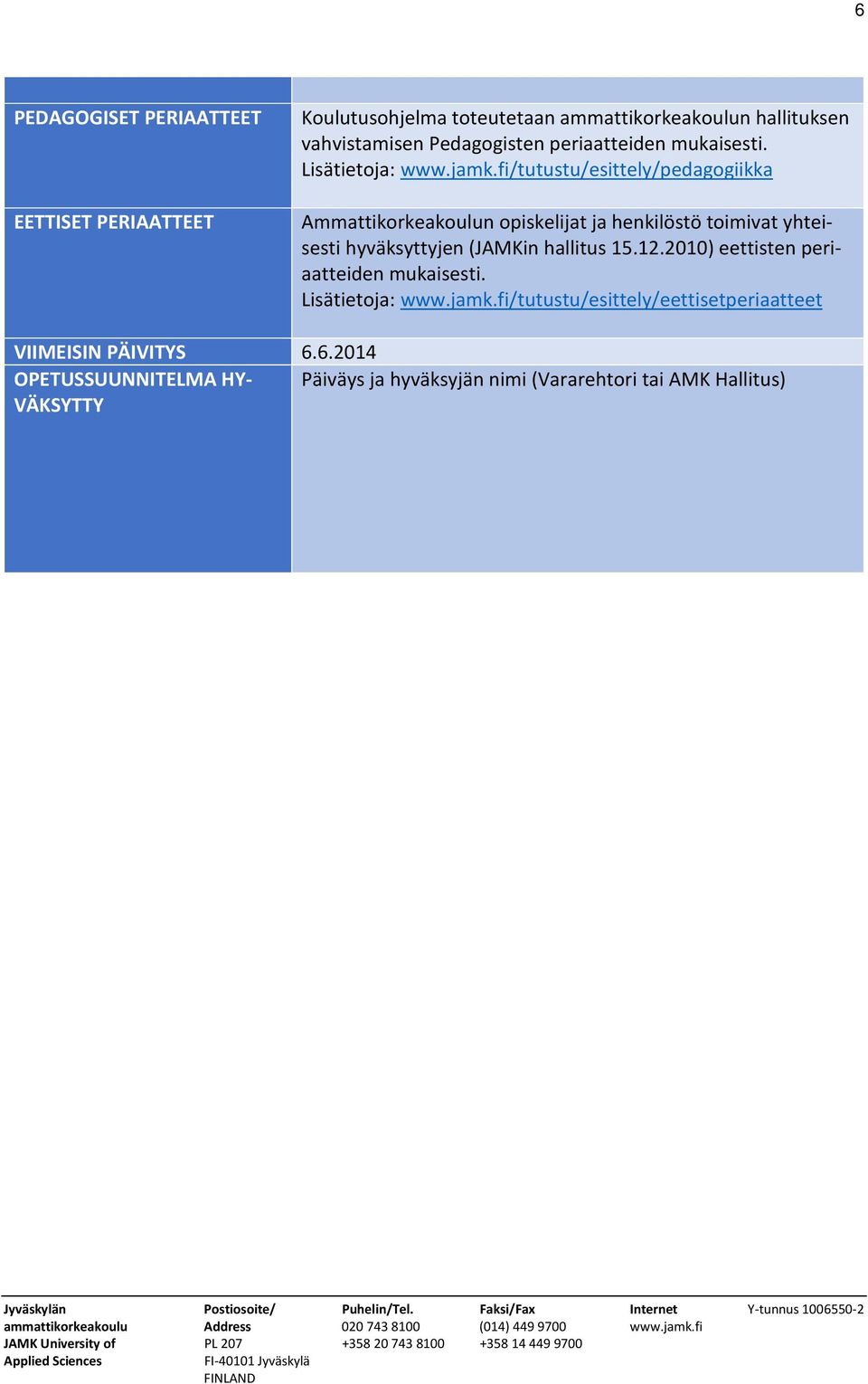 fi/tutustu/esittely/pedagogiikka Ammattikorkeakoulun opiskelijat ja henkilöstö toimivat yhteisesti hyväksyttyjen (JAMKin hallitus 15.