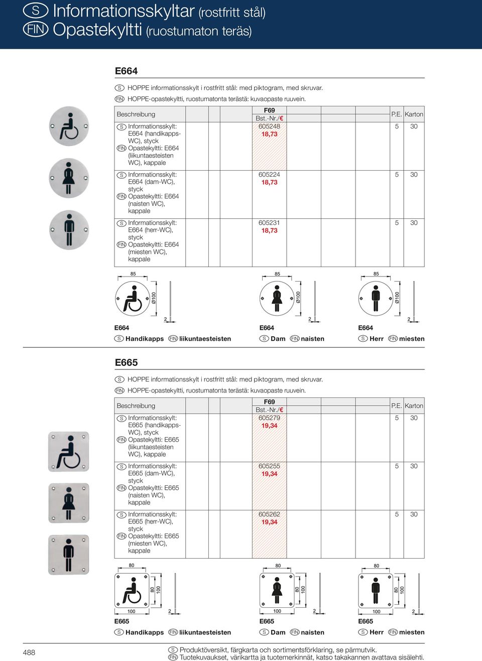 Beschreibung S Informationsskylt: E664 (handikapps- WC), styck Opastekyltti: E664 (liikuntaesteisten WC), S Informationsskylt: E664 (dam-wc), styck Opastekyltti: E664 (naisten WC), S