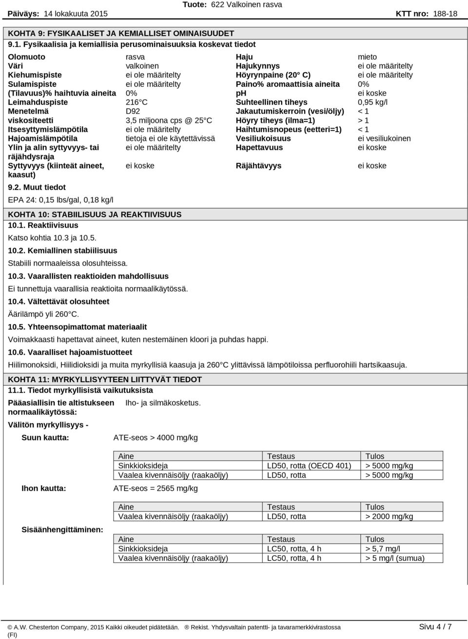 määritelty Sulamispiste ei ole määritelty Paino% aromaattisia aineita 0% (Tilavuus)% haihtuvia aineita 0% ph ei koske Leimahduspiste 216 C Suhteellinen tiheys 0,95 kg/l Menetelmä D92