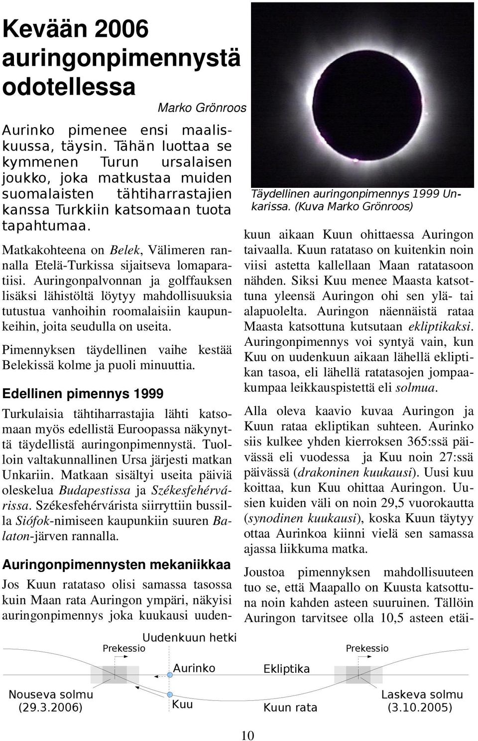 (Kuva Marko Grönroos) kuun aikaan Kuun ohittaessa Auringon taivaalla. Kuun ratataso on kuitenkin noin viisi astetta kallellaan Maan ratatasoon nähden.