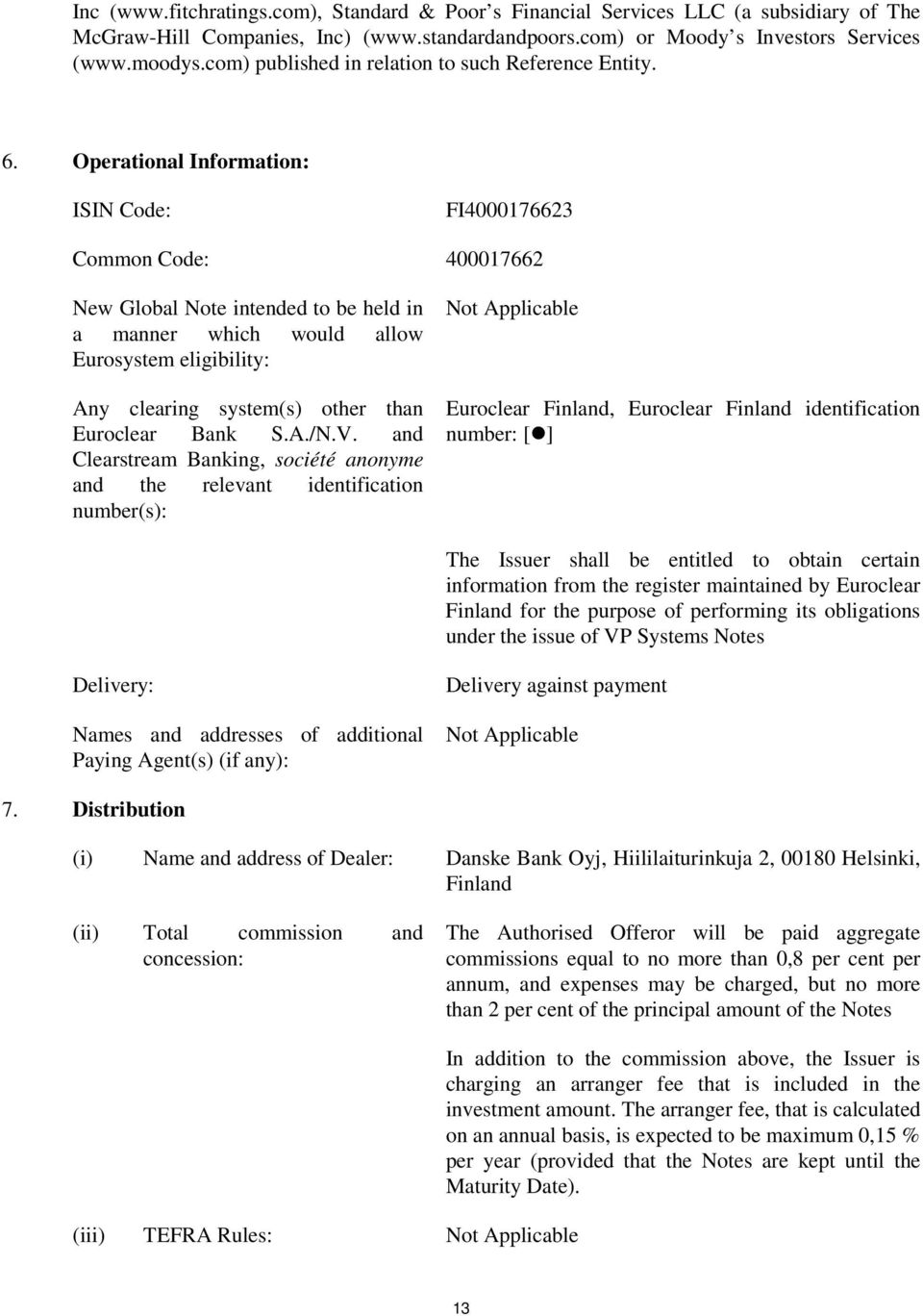 Operational Information: ISIN Code: FI4000176623 Common Code: 400017662 New Global Note intended to be held in a manner which would allow Eurosystem eligibility: Any clearing system(s) other than