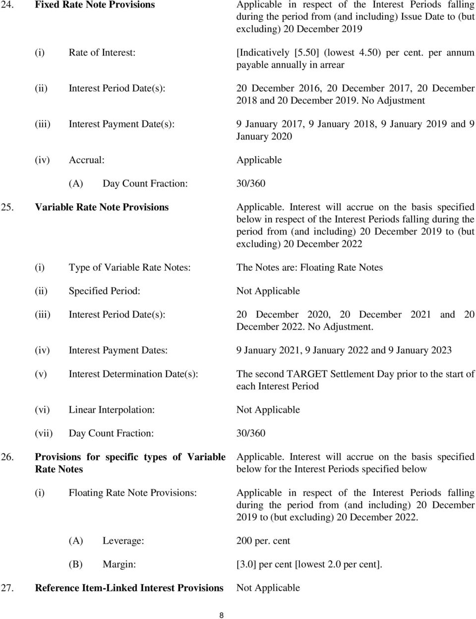 No Adjustment (iii) Interest Payment Date(s): 9 January 2017, 9 January 2018, 9 January 2019 and 9 January 2020 (iv) Accrual: Applicable (A) Day Count Fraction: 30/360 25.