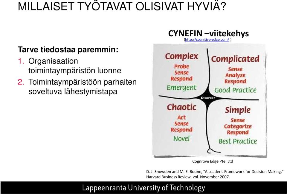 Toimintaympäristöön parhaiten soveltuva lähestymistapa CYNEFIN viitekehys