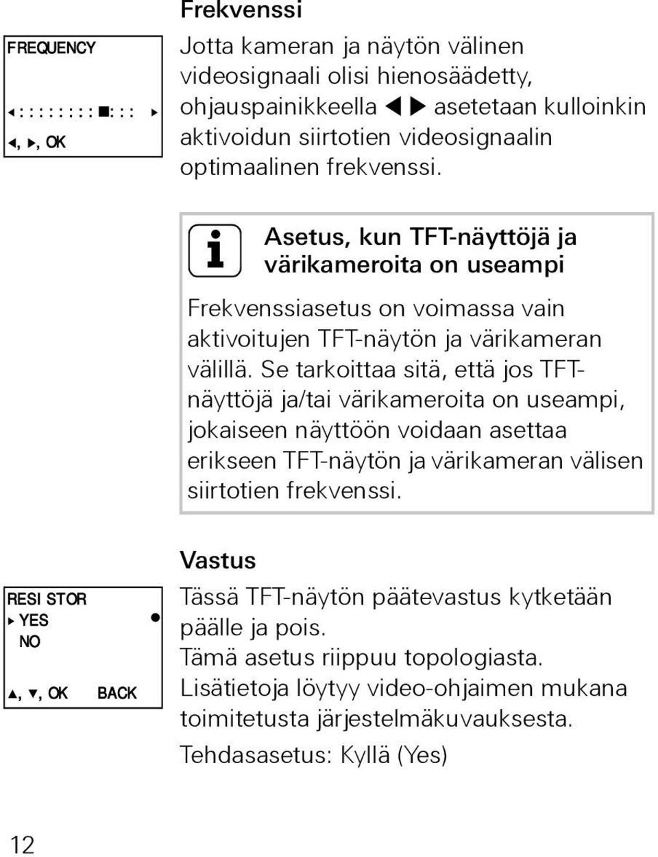 Se tarkoittaa sitä, että jos TFTnäyttöjä ja/tai värikameroita on useampi, jokaiseen näyttöön voidaan asettaa erikseen TFT-näytön ja värikameran välisen siirtotien frekvenssi.