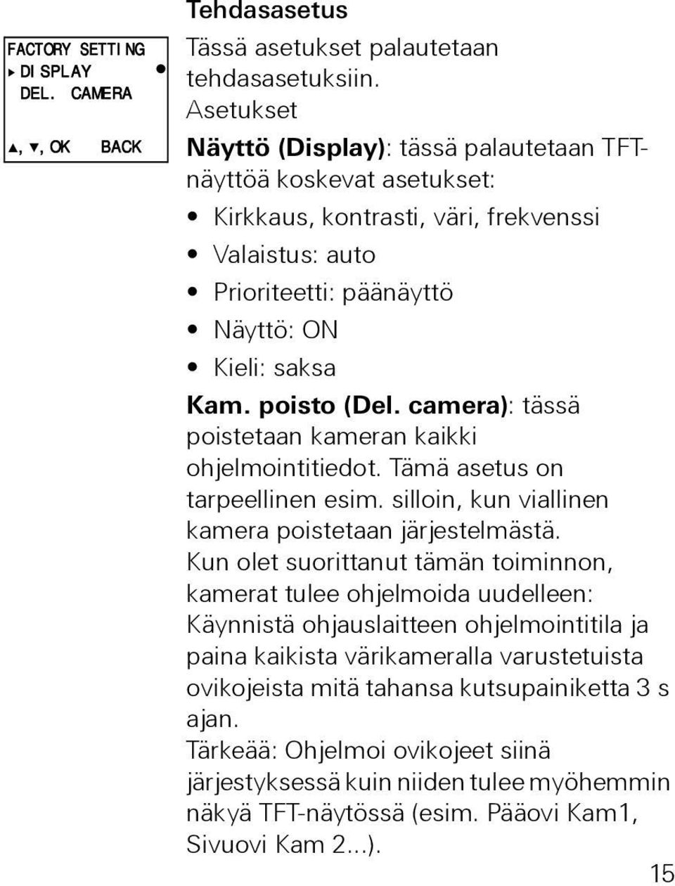 camera): tässä poistetaan kameran kaikki ohjelmointitiedot. Tämä asetus on tarpeellinen esim. silloin, kun viallinen kamera poistetaan järjestelmästä.