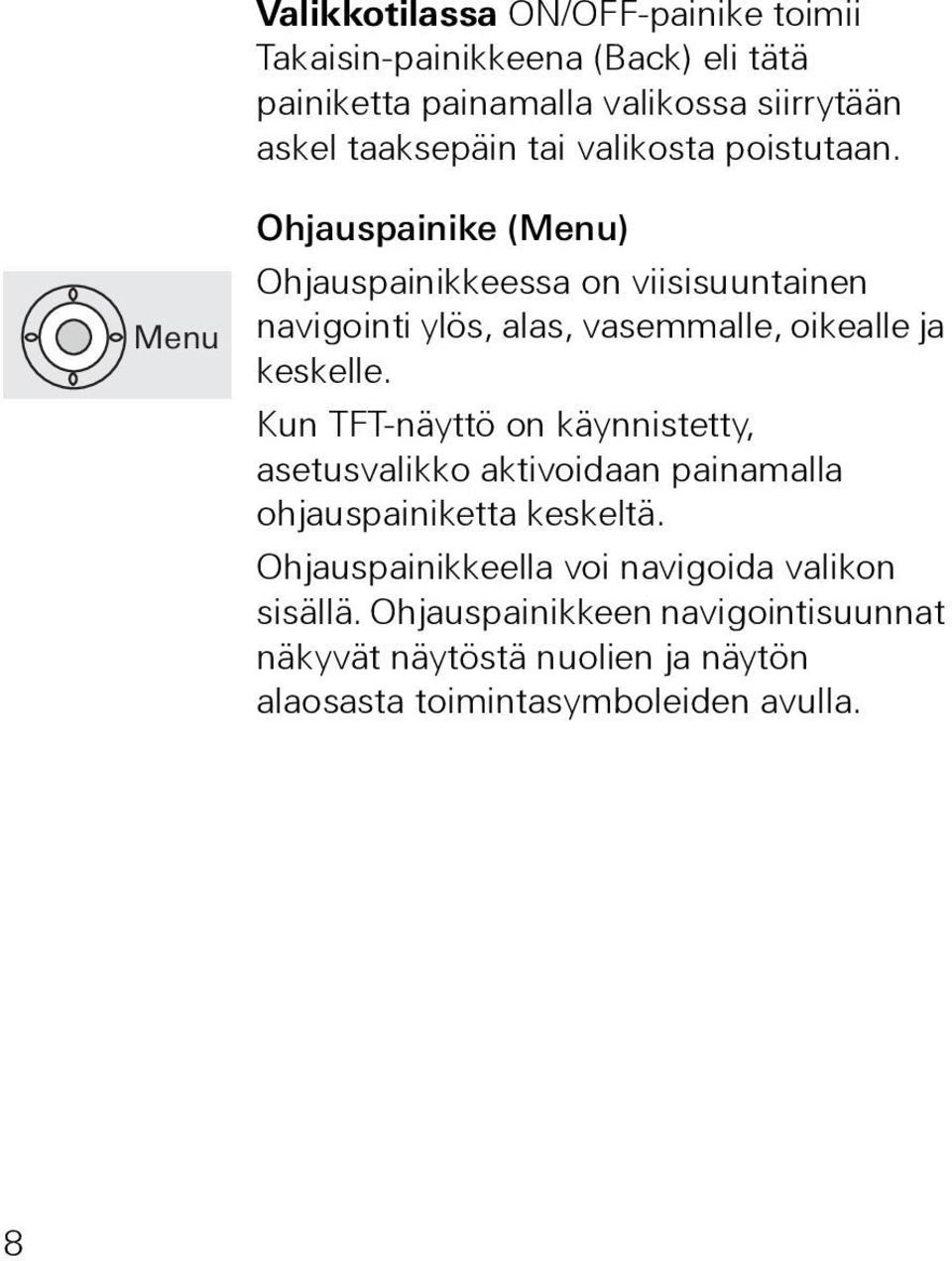 Menu Ohjauspainike (Menu) Ohjauspainikkeessa on viisisuuntainen navigointi ylös, alas, vasemmalle, oikealle ja keskelle.