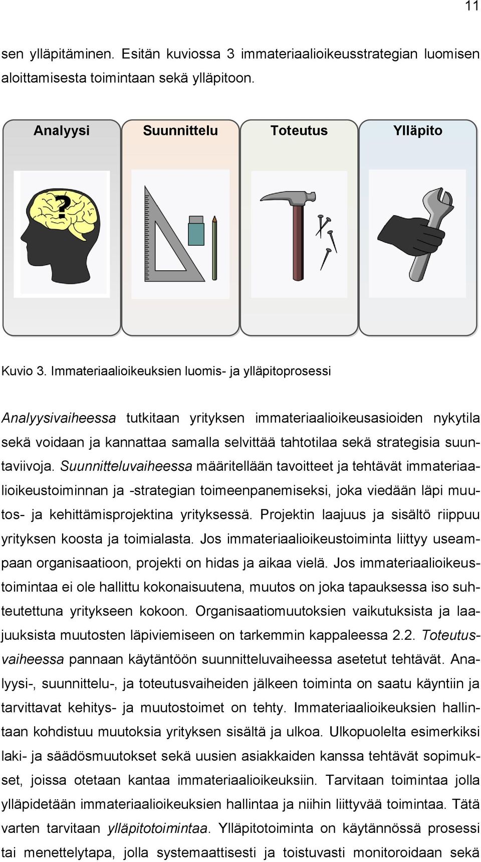 suuntaviivoja. Suunnitteluvaiheessa määritellään tavoitteet ja tehtävät immateriaalioikeustoiminnan ja -strategian toimeenpanemiseksi, joka viedään läpi muutos- ja kehittämisprojektina yrityksessä.