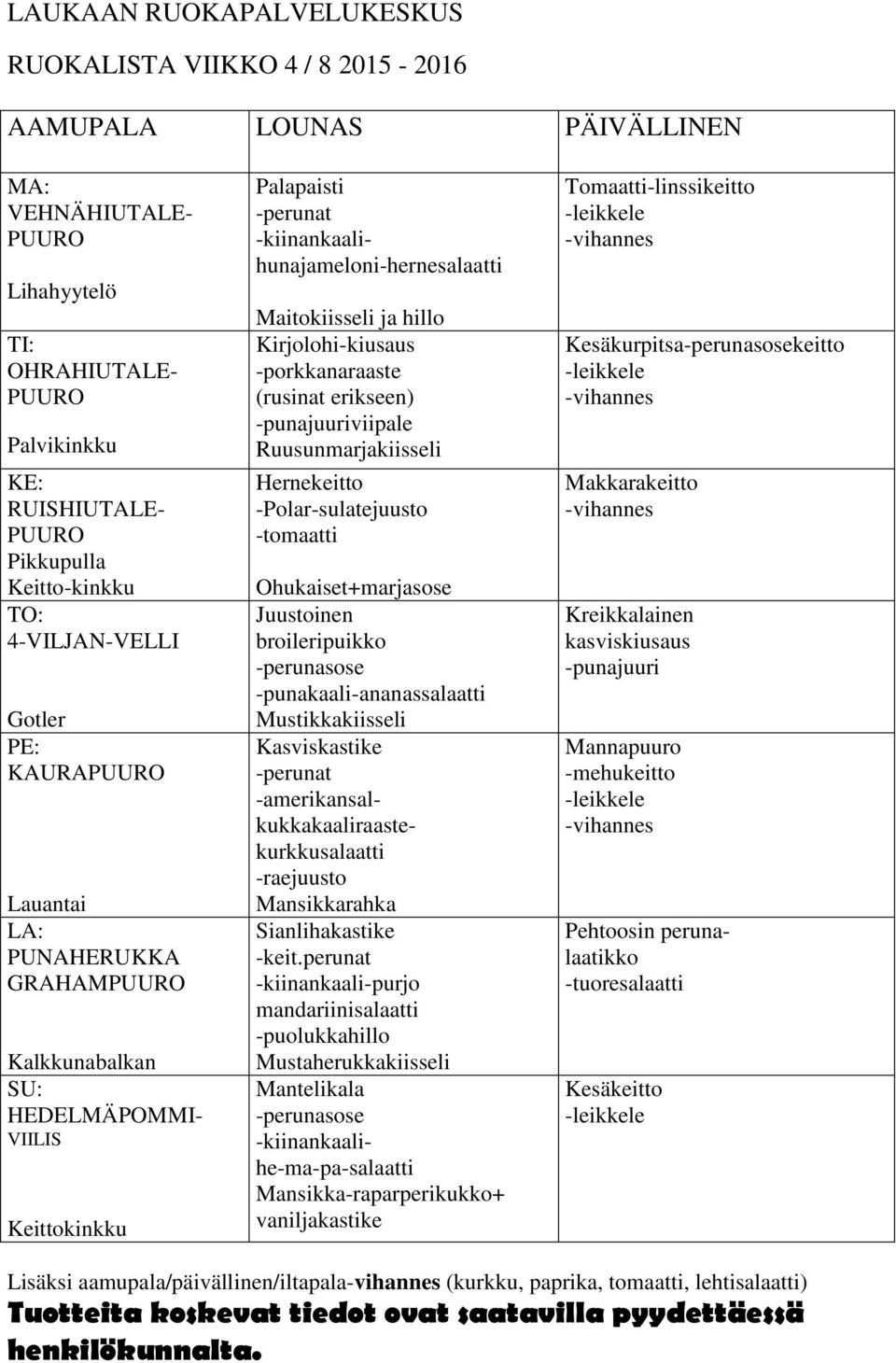 Juustoinen broileripuikko -punakaali-ananassalaatti Mustikkakiisseli Kasviskastike -amerikansalkukkakaaliraastekurkkusalaatti -raejuusto Mansikkarahka Sianlihakastike -keit.