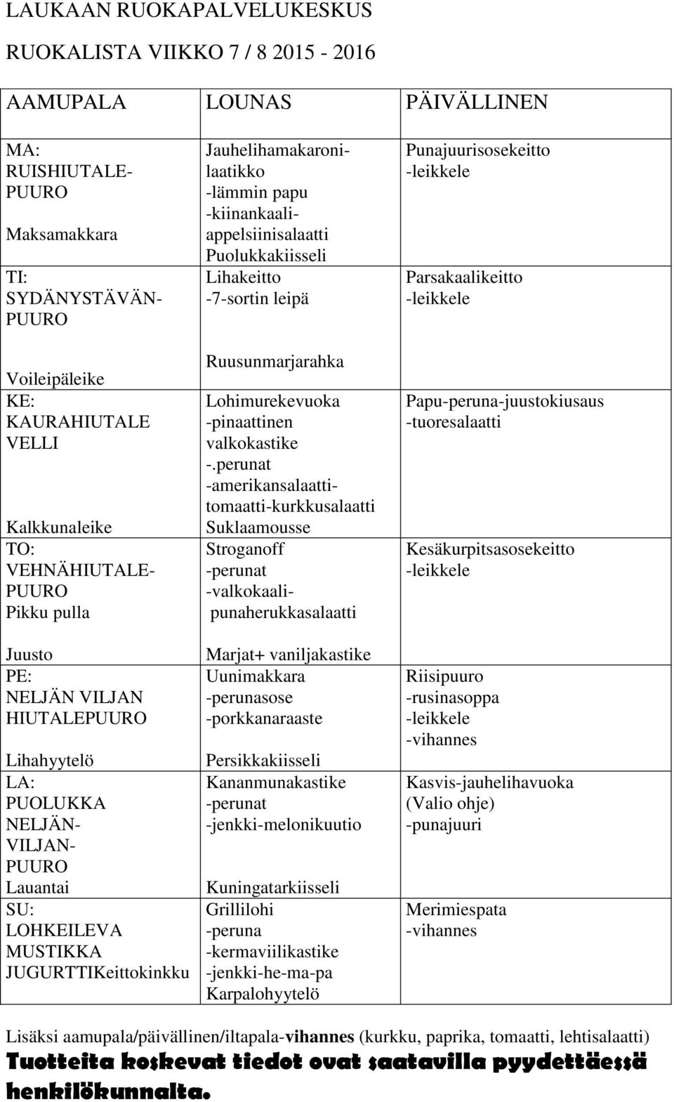 perunat -amerikansalaattitomaatti-kurkkusalaatti Suklaamousse Stroganoff -valkokaalipunaherukkasalaatti Marjat+ vaniljakastike Uunimakkara Persikkakiisseli Kananmunakastike -jenkki-melonikuutio