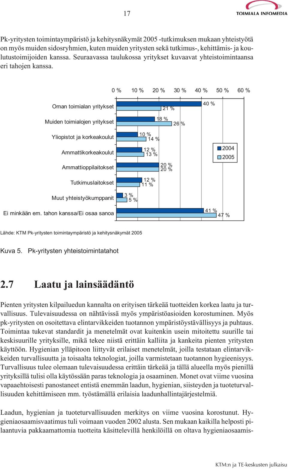 0% 10% 20% 30% 40% 50% 60% Oman toimialan yritykset 21 % 40 % Muiden toimialojen yritykset 18 % 26 % Yliopistot ja korkeakoulut Ammattikorkeakoulut Ammattioppilaitokset Tutkimuslaitokset 10 % 14 % 12
