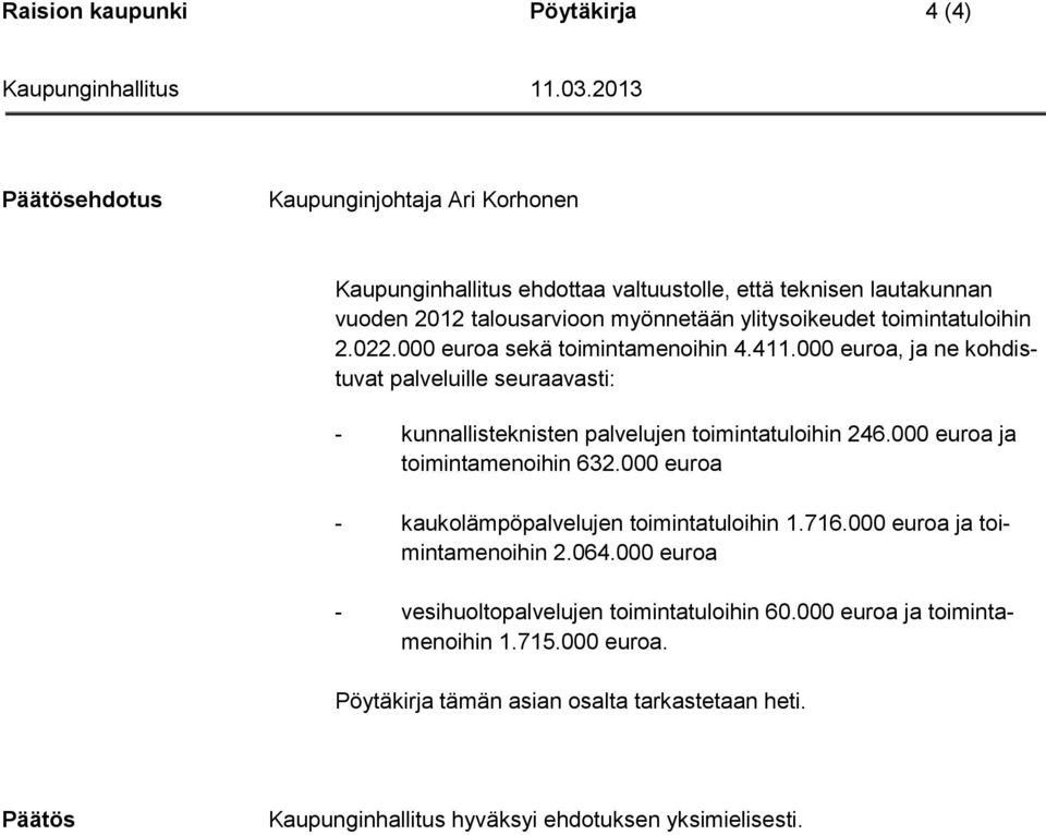 000 euroa, ja ne kohdistuvat palveluille seuraavasti: - kunnallisteknisten palvelujen toimintatuloihin 246.000 euroa ja toimintamenoihin 632.