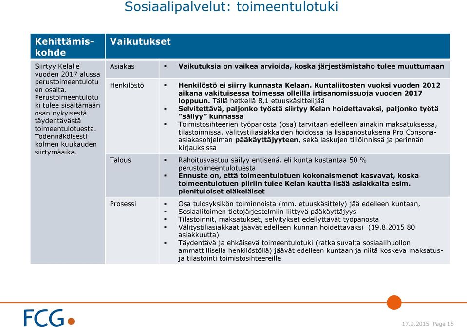 Vaikutukset Asiakas Vaikutuksia on vaikea arvioida, koska järjestämistaho tulee muuttumaan Henkilöstö Henkilöstö ei siirry kunnasta Kelaan.