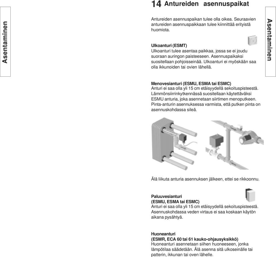 Ulkoanturi ei myöskään saa olla ikkunoiden tai ovien lähellä. Asentaminen Menovesianturi (ESMU, ESMA tai ESMC) Anturi ei saa olla yli 15 cm etäisyydellä sekoituspisteestä.