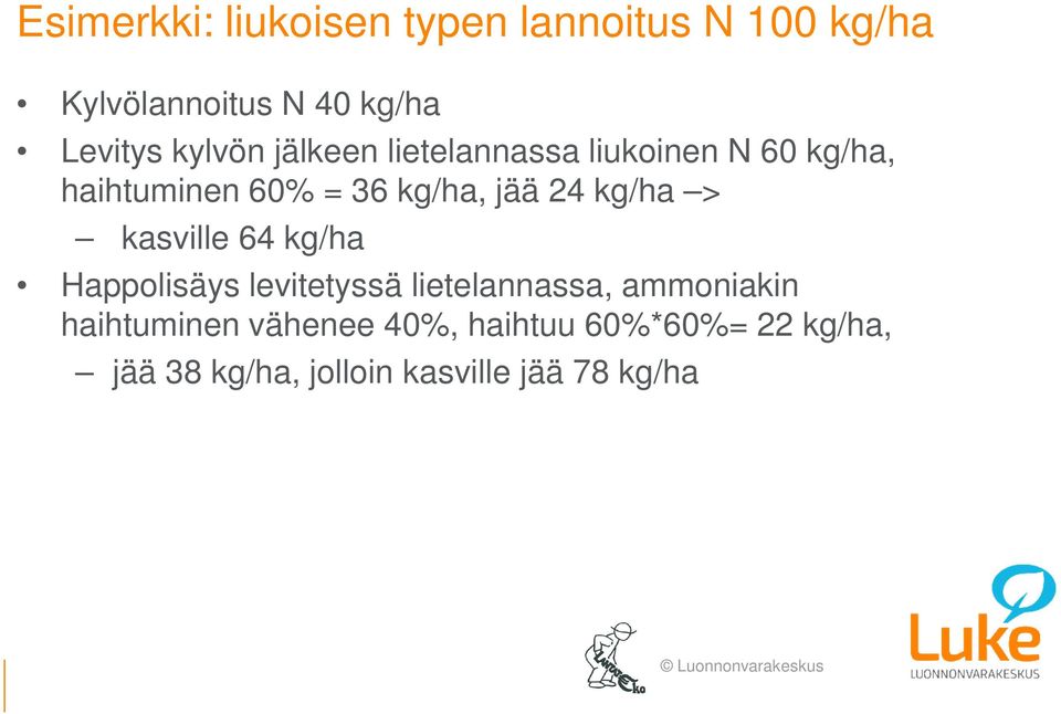 24 kg/ha > kasville 64 kg/ha Happolisäys levitetyssä lietelannassa, ammoniakin