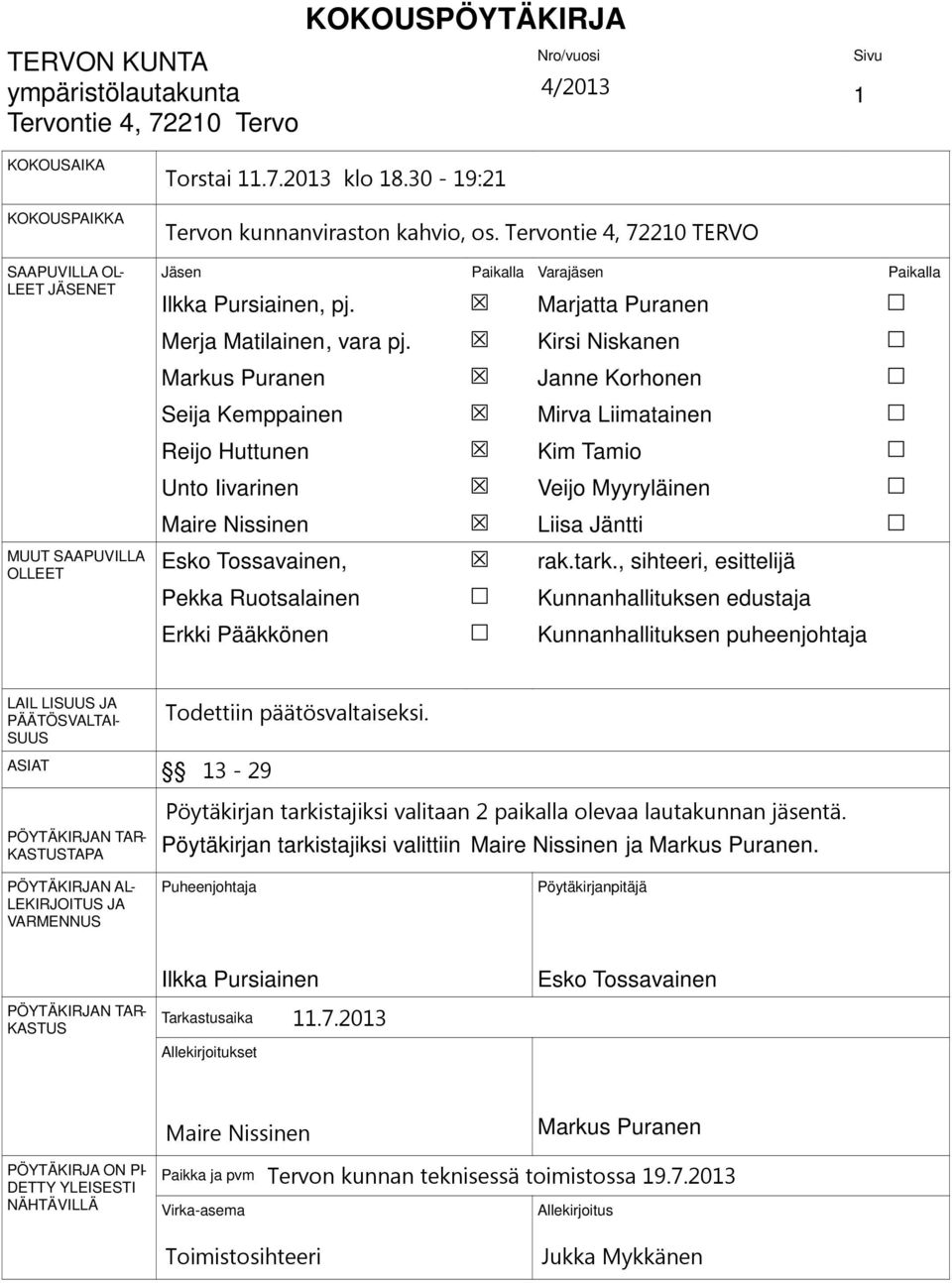 Kirsi Niskanen Markus Puranen Janne Korhonen Seija Kemppainen Mirva Liimatainen Reijo Huttunen Kim Tamio Unto Iivarinen Veijo Myyryläinen Maire Nissinen Liisa Jäntti Esko Tossavainen, rak.tark.