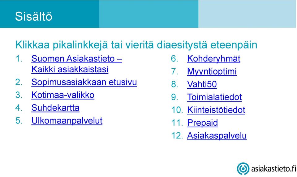 Kotimaa-valikko 4. Suhdekartta 5. Ulkomaanpalvelut 6. Kohderyhmät 7.