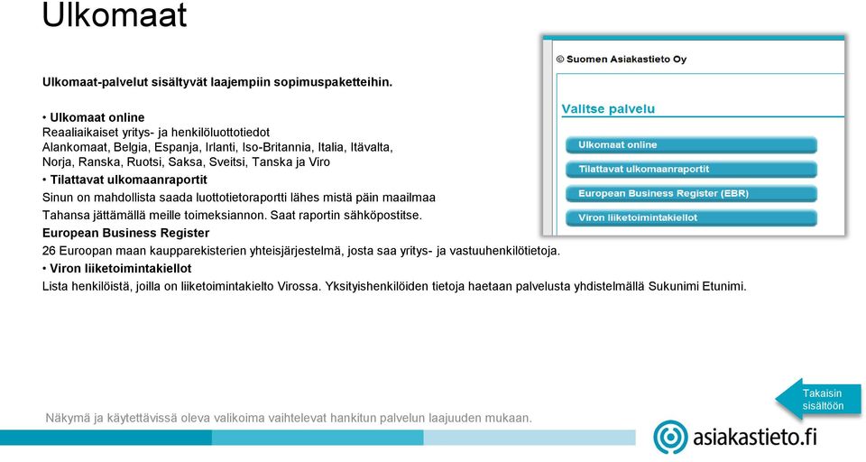 ja Viro Tilattavat ulkomaanraportit Sinun on mahdollista saada luottotietoraportti lähes mistä päin maailmaa Tahansa jättämällä meille toimeksiannon. Saat raportin sähköpostitse.