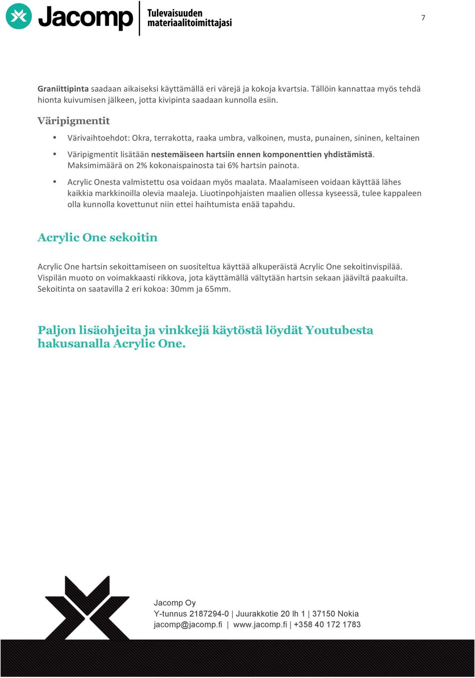 Maksimimäärä on 2% kokonaispainosta tai 6% hartsin painota. Acrylic Onesta valmistettu osa voidaan myös maalata. Maalamiseen voidaan käyttää lähes kaikkia markkinoilla olevia maaleja.