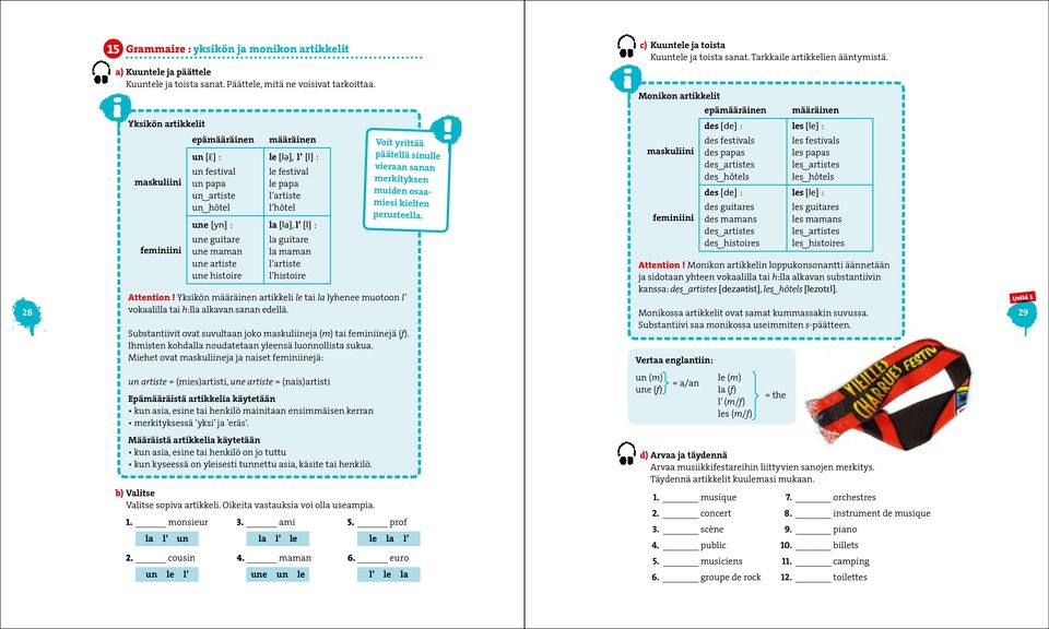 le papa l artiste l hôtel la [la], l [l] : la guitare la maman l artiste l histoire c) Kuuntele ja toista Kuuntele ja toista sanat. Tarkkaile artikkelien ääntymistä. 28 Attention!