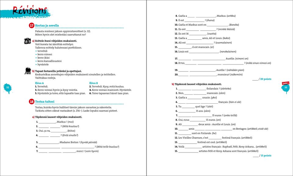 Gaëla et Markus sont en. (Ranska) 11. Ils ont? (minkä ikäisiä) 12. Ils ont 16. (vuotta) 13. Gaëla a amis, Ali et Louis. (kaksi) 14. Ali est? (suomalainen) 15., il est marocain. (ei) 16. Louis est.