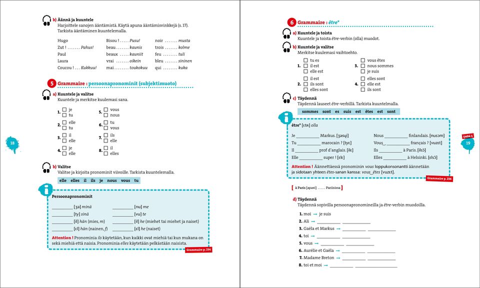 .. kuka l 5 Grammaire : persoonapronominit (subjektimuoto) a) Kuuntele ja valitse Kuuntele ja merkitse kuulemasi sana. 1. 2. je tu elle tu 5. 6.