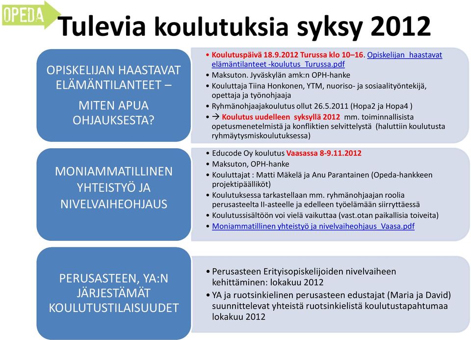 Jyväskylän amk:n OPH-hanke Kouluttaja Tiina Honkonen, YTM, nuoriso- ja sosiaalityöntekijä, opettaja ja työnohjaaja Ryhmänohjaajakoulutus ollut 26.5.