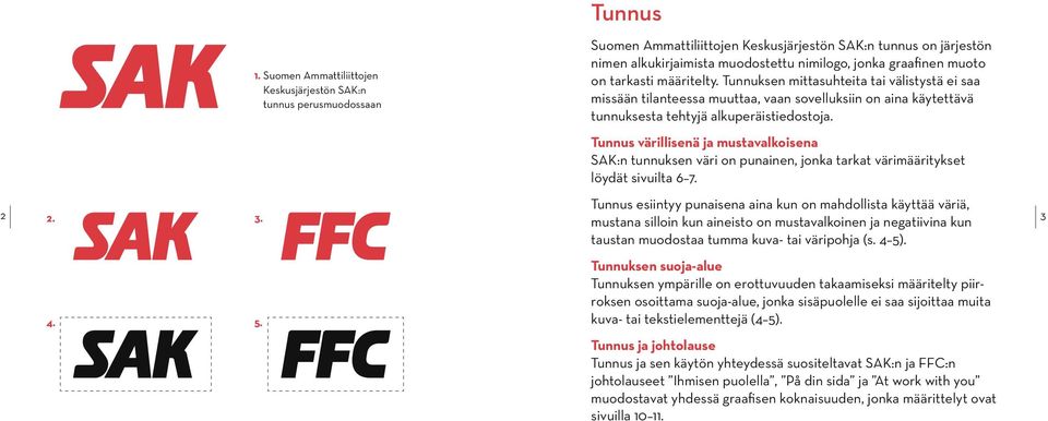 Tunnus värillisenä ja mustavalkoisena SAK:n tunnuksen väri on punainen, jonka tarkat värimääritykset löydät sivuilta 6 7. Tunnus esiintyy punaisena aina kun on mahdollista käyttää väriä, 2 2. 3.