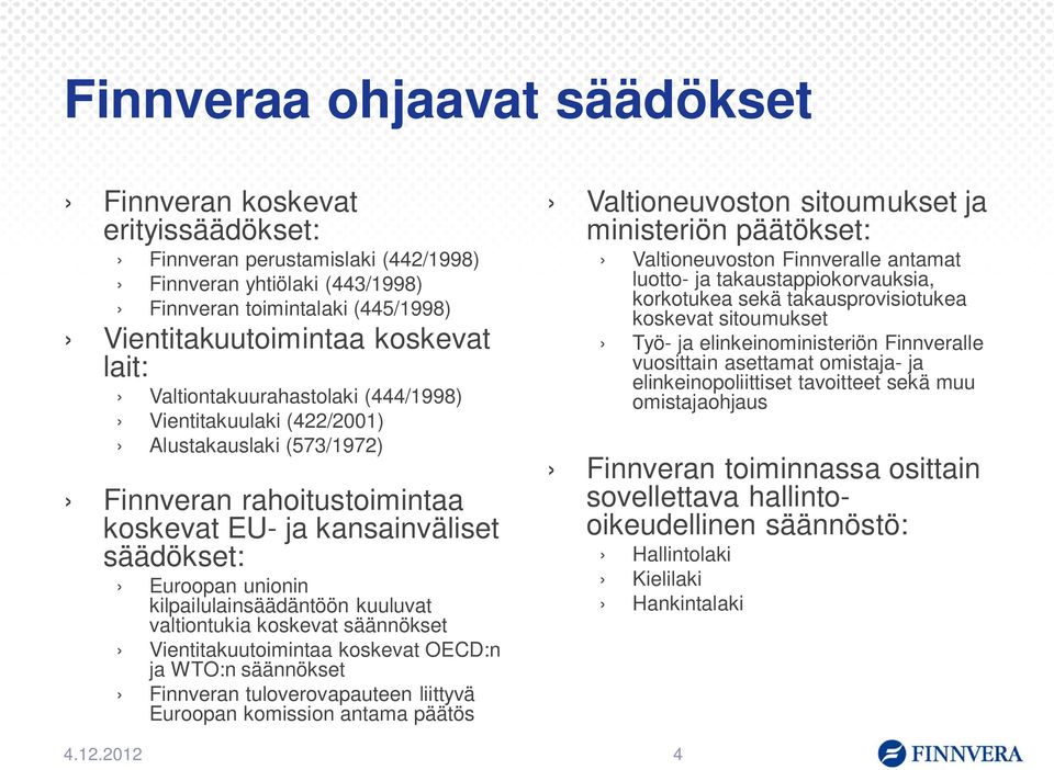 kilpailulainsäädäntöön kuuluvat valtiontukia koskevat säännökset Vientitakuutoimintaa koskevat OECD:n ja WTO:n säännökset Finnveran tuloverovapauteen liittyvä Euroopan komission antama päätös