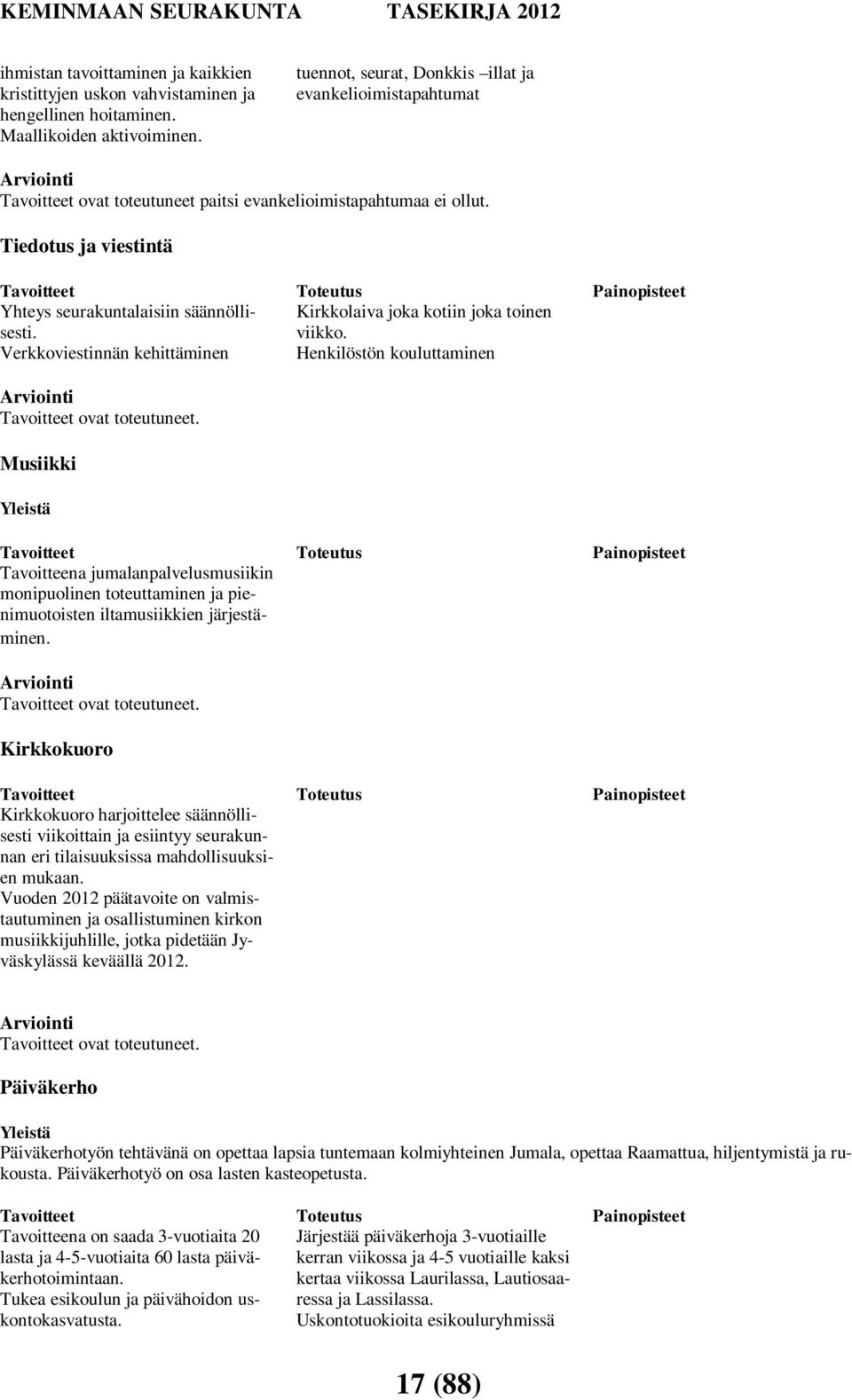Tiedotus ja viestintä Tavoitteet Yhteys seurakuntalaisiin säännöllisesti. Verkkoviestinnän kehittäminen Arviointi Tavoitteet ovat toteutuneet.