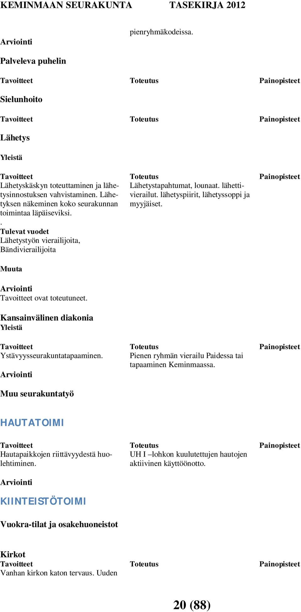 Lähetyksen näkeminen koko seurakunnan toimintaa läpäiseviksi.. Tulevat vuodet Lähetystyön vierailijoita, Bändivierailijoita Muuta Arviointi Tavoitteet ovat toteutuneet.