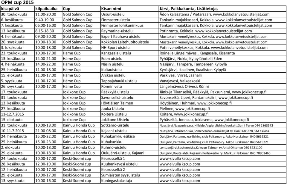 00 Gold Salmon Cup Finmaster lohikuninkuus Tankarin majakkasaari, Kokkola. www.kokkolanvetouistelijat.com 13. kesäkuuta 8.15-18.30 Gold Salmon Cup Raymarine-uistelu Potinranta, Kokkola. www.kokkolanvetouistelijat.com 4.