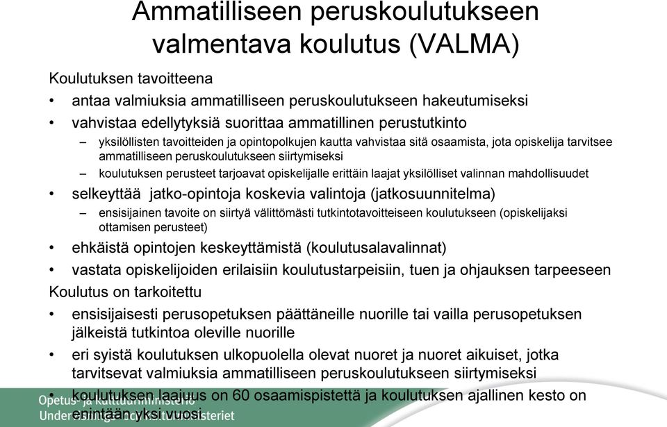 opiskelijalle erittäin laajat yksilölliset valinnan mahdollisuudet selkeyttää jatko-opintoja koskevia valintoja (jatkosuunnitelma) ensisijainen tavoite on siirtyä välittömästi tutkintotavoitteiseen